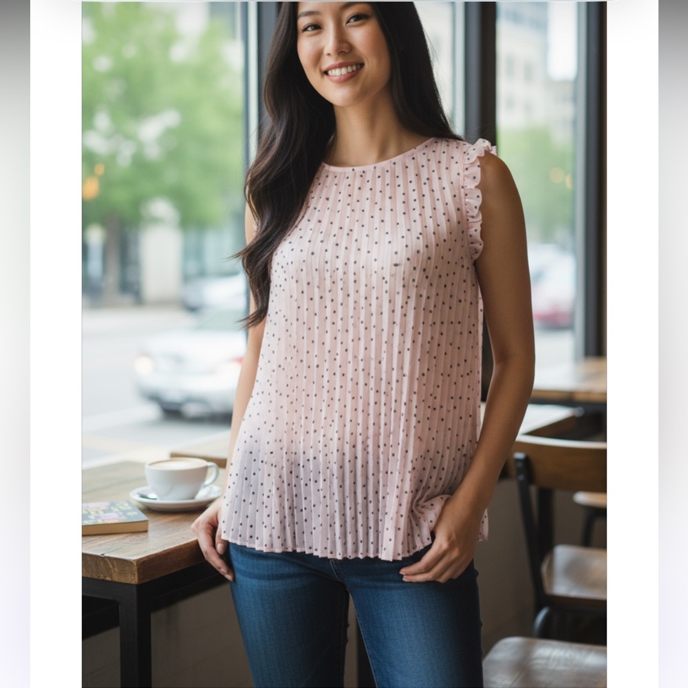 Maurices cute  pink with black tiny dots pleated top! New
